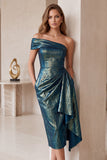 Slate Blue Metallic One Shoulder Ruched Midi Cocktail Dress with Pockets