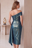 Slate Blue Metallic One Shoulder Ruched Midi Cocktail Dress with Pockets