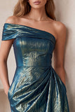 Slate Blue Metallic One Shoulder Ruched Midi Cocktail Dress with Pockets