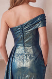 Slate Blue Metallic One Shoulder Ruched Midi Cocktail Dress with Pockets