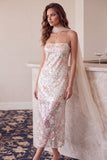 Sparkly Ivory Sheath Floral Sequin Midi Cocktail Dress with Neck Scarf