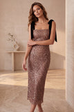 Sparkly Coffee Square Neck Sequin Midi Cocktail Dress with Bows