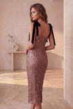 Sparkly Coffee Square Neck Sequin Midi Cocktail Dress with Bows