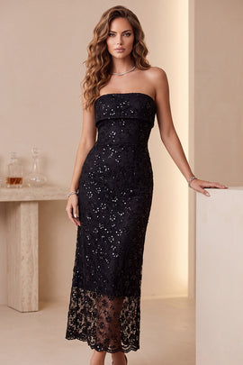 Sparkly Black Lace Strapless Sequin Maxi Cocktail Dress