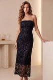 Sparkly Black Lace Strapless Sequin Maxi Cocktail Dress