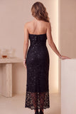 Sparkly Black Lace Strapless Sequin Maxi Cocktail Dress