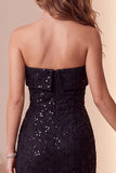 Sparkly Black Lace Strapless Sequin Maxi Cocktail Dress
