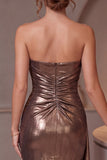 Coffee Metallic Tight Strapless Ruched Short Cocktail Dress with Sash