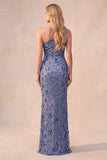 Sparkly Slate Blue One Shoulder Sequin Ruched Long Formal Dress with 3D Flowers