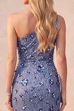 Sparkly Slate Blue One Shoulder Sequin Ruched Long Formal Dress with 3D Flowers