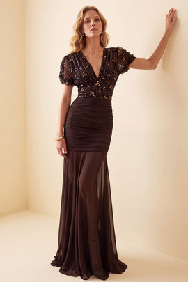 Mermaid V-Neck Brown Ruched Sequin Puff Sleeves Long Formal Dress