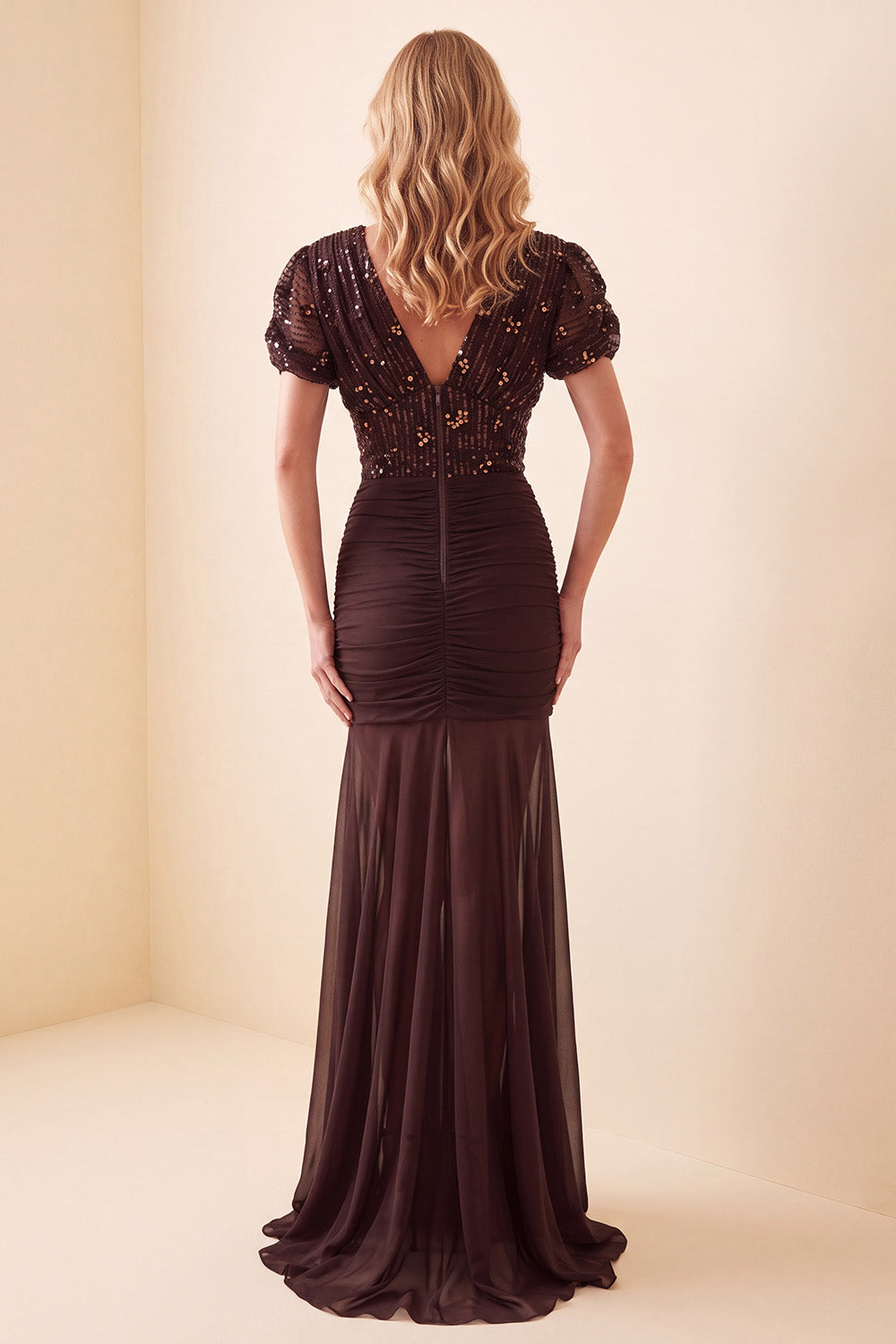 Mermaid V-Neck Brown Ruched Sequin Puff Sleeves Long Formal Dress