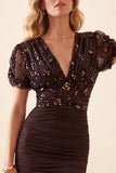 Mermaid V-Neck Brown Ruched Sequin Puff Sleeves Long Formal Dress