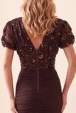 Mermaid V-Neck Brown Ruched Sequin Puff Sleeves Long Formal Dress