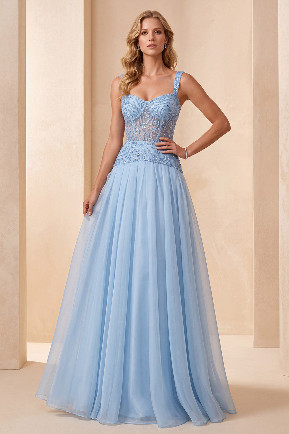 Sky Blue Corset A-Line Sequin Ruched Organza Long Formal Dress