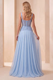 Sky Blue Corset A-Line Sequin Ruched Organza Long Formal Dress