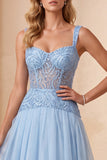 Sky Blue Corset A-Line Sequin Ruched Organza Long Formal Dress