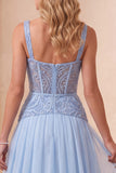 Sky Blue Corset A-Line Sequin Ruched Organza Long Formal Dress