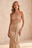Champagne Satin One Shoulder Sequin Ruched Long Formal Dress with Sash