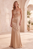 Champagne Satin One Shoulder Sequin Ruched Long Formal Dress with Sash