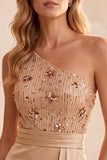 Champagne Satin One Shoulder Sequin Ruched Long Formal Dress with Sash