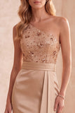 Champagne Satin One Shoulder Sequin Ruched Long Formal Dress with Sash