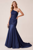 Sparkly Dark Blue Satin Beaded Mermaid One Shoulder Long Formal Dress