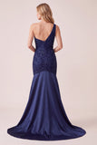 Sparkly Dark Blue Satin Beaded Mermaid One Shoulder Long Formal Dress