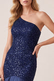 Sparkly Dark Blue Satin Beaded Mermaid One Shoulder Long Formal Dress