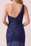 Sparkly Dark Blue Satin Beaded Mermaid One Shoulder Long Formal Dress