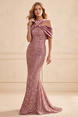 Sparkly Desert Rose Mermaid Sequin Velvet Long Formal Dress