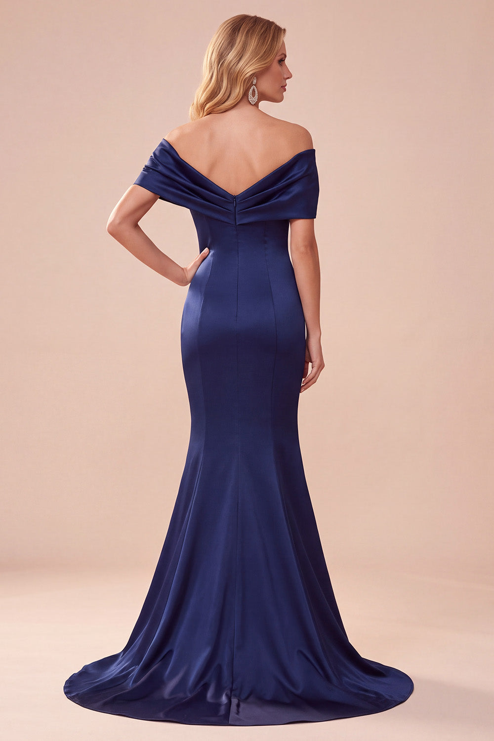 Mermaid Off the Shoulder Dark Blue Satin Long Formal Dress