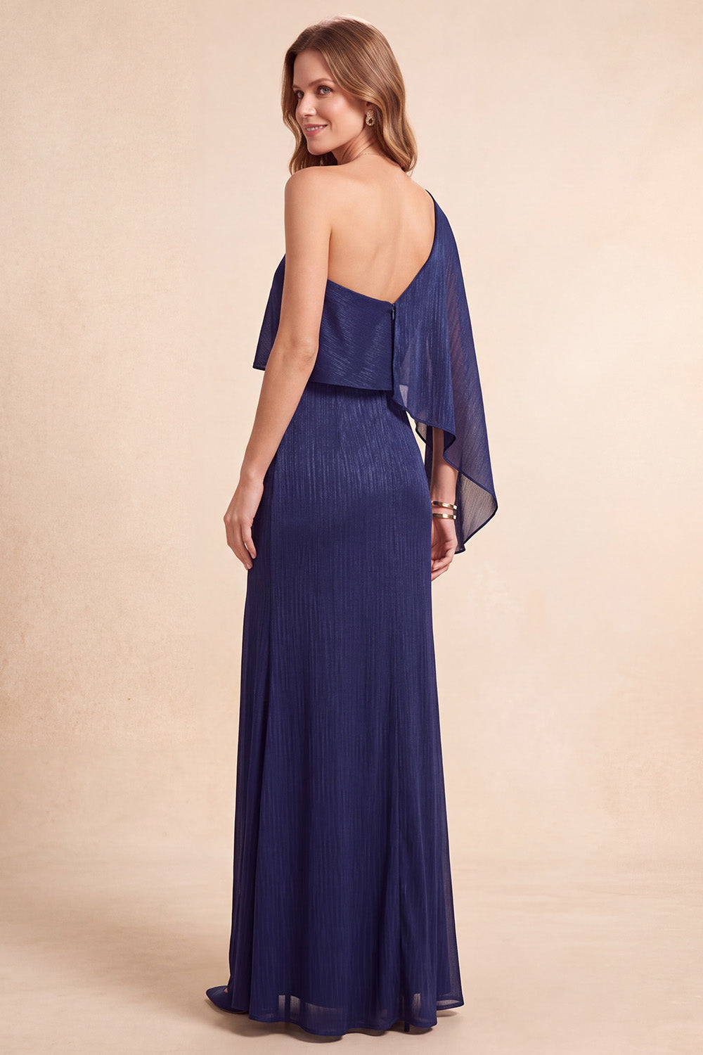 Dark Blue Sheath One Shoulder Long Formal Dress with Side Cape
