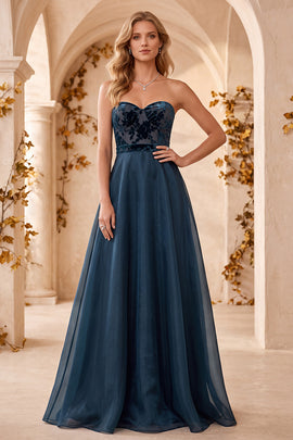 Navy A-Line Corset Velvet Floral Sweetheart Long Formal Dress