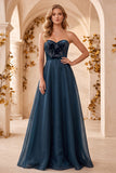 Navy A-Line Corset Velvet Floral Sweetheart Long Formal Dress