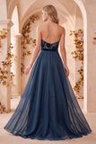 Navy A-Line Corset Velvet Floral Sweetheart Long Formal Dress