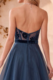 Navy A-Line Corset Velvet Floral Sweetheart Long Formal Dress