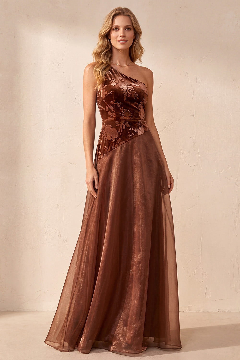 Coffee A-Line One Shoulder Floral Velevt Long Formal Dress
