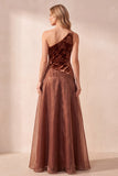 Coffee A-Line One Shoulder Floral Velevt Long Formal Dress