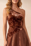 Coffee A-Line One Shoulder Floral Velevt Long Formal Dress