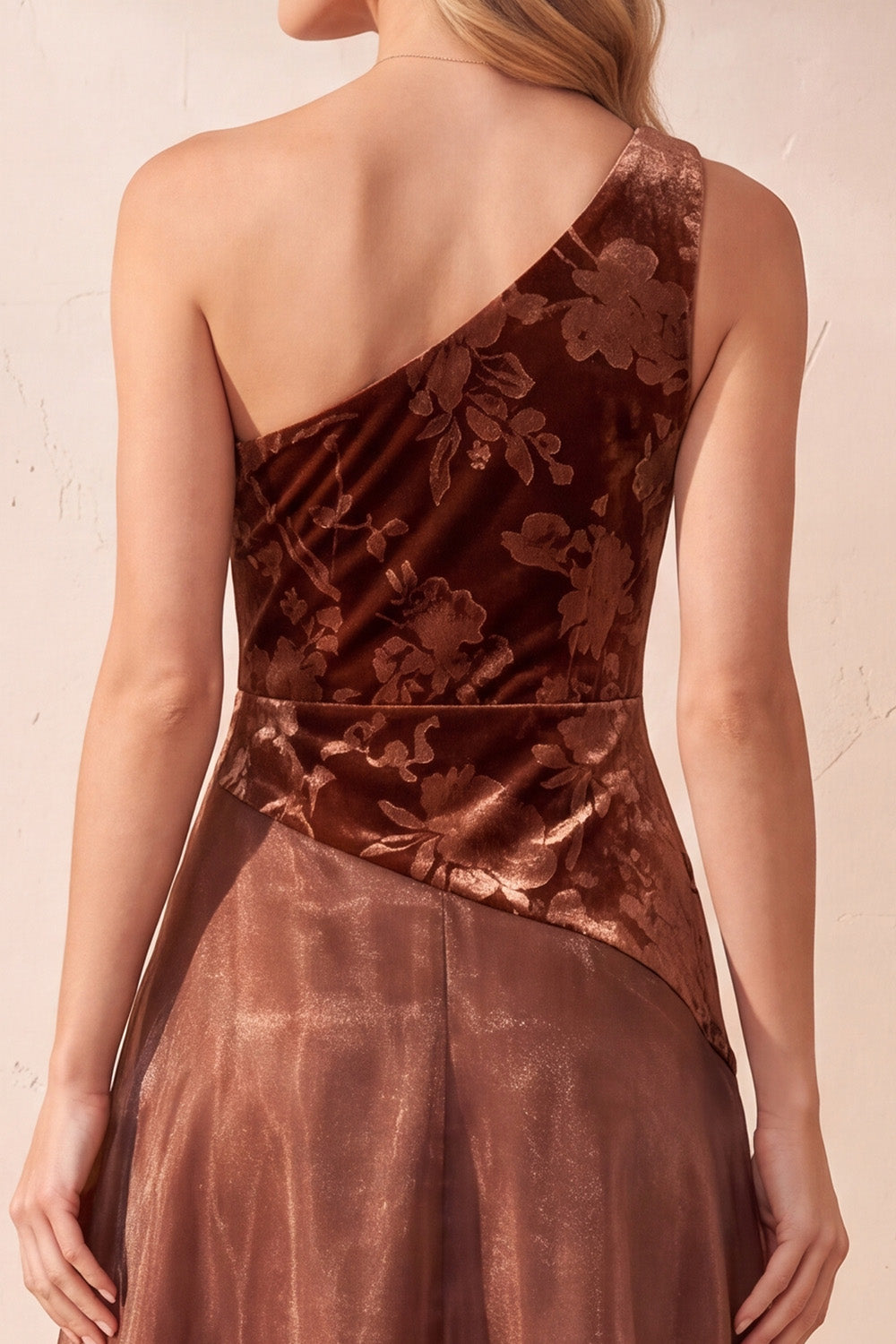 Coffee A-Line One Shoulder Floral Velevt Long Formal Dress