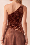 Coffee A-Line One Shoulder Floral Velevt Long Formal Dress