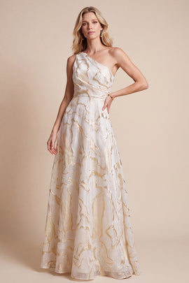 Ivory A-Line One Shoulder Jacquard Ruched Long Formal Dress