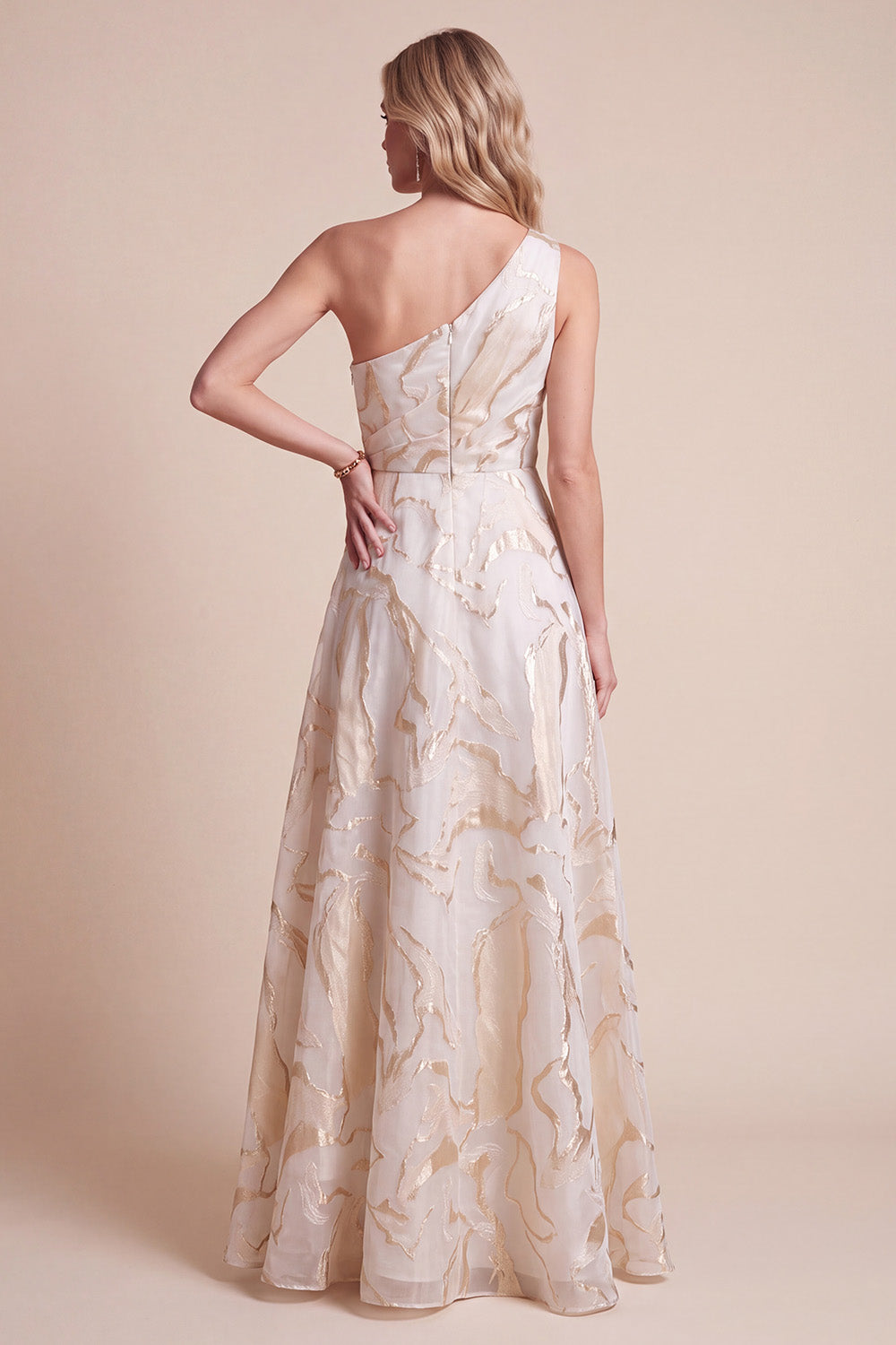 Ivory A-Line One Shoulder Jacquard Ruched Long Formal Dress