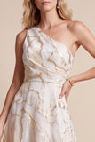 Ivory A-Line One Shoulder Jacquard Ruched Long Formal Dress