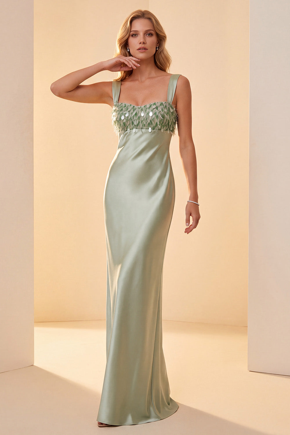 Light Green Satin Sheath Thick Straps Sequin Long Formal Dress with Feathers