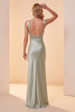 Light Green Satin Sheath Thick Straps Sequin Long Formal Dress with Feathers