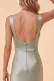 Light Green Satin Sheath Thick Straps Sequin Long Formal Dress with Feathers