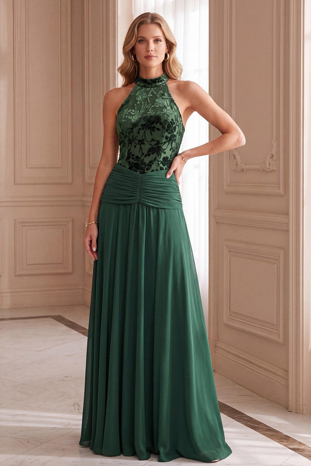 Green Floral A-Line Halter Ruched Velvet Open Back Long Formal Dress
