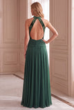 Green Floral A-Line Halter Ruched Velvet Open Back Long Formal Dress